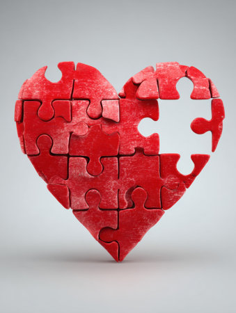 Red puzzle pieces create a heart shape, but one piece is missing in the top section, symbolizing an incomplete relationship or longing for connectionの素材