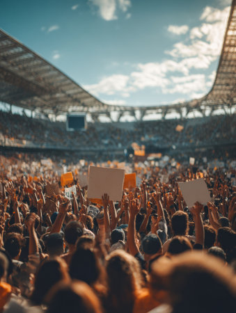 A large crowd gathers in a stadium with bright blue sky, waving colorful signs and foam fingers, creating an energetic and spirited atmosphere.の素材