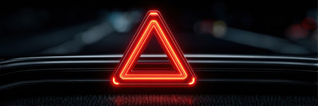A red warning triangle illuminates a digital dashboard, signaling a potential problem. The surrounding area is dark, suggesting driving conditions at night.の素材