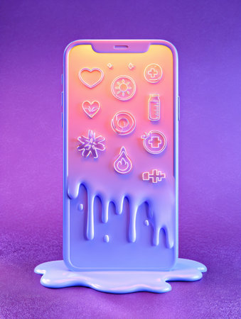 A vibrant phone screen melts into wellness icons, merging tech and self-care against a colorful backdrop of modern life.の素材
