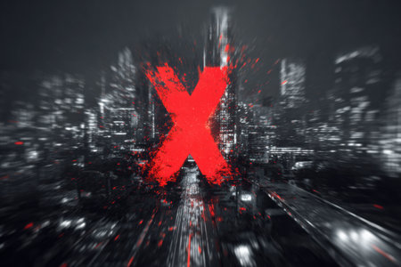A bold red X contrasts sharply with a blurred nighttime city skyline, creating a striking and dramatic effect.の素材