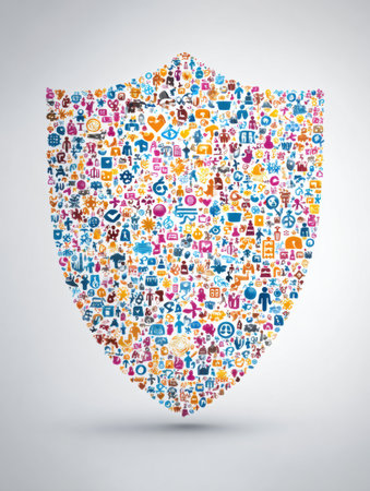 Colorful symbols and supportive messages converge to form a shield, symbolizing unity, strength, and the power of community in a digital environmentの素材