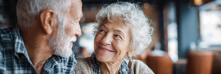 Two seniors share a warm moment at a community cafe, engaging in lively conversation to foster social connections and reduce feelings of isolation.の素材