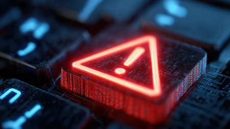 A red caution symbol lights up a keyboard key, highlighting the risk of cyber threats and the need for online security against scams.の素材