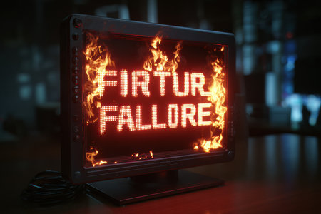 A monitor with a critical failure message is on fire, with flames illuminating the upper portion, creating a dramatic hazard in the dark space.の素材