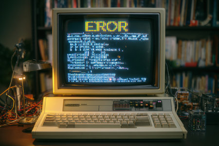 Classic computer terminal shows scrolling error messages in bright yellow font within a nostalgic environment featuring various technology components.の素材