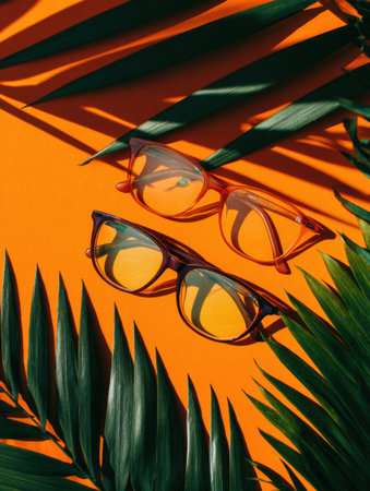 Two chic pairs of glasses are displayed on a bright orange surface, surrounded by lush green plant shadows creating an elegant contrast.の素材