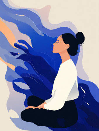 A woman practices mindfulness by meditating, surrounded by vibrant, flowing colors symbolizing tranquility and cultural awareness while sitting peacefully.の素材