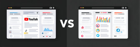 An infographic comparing user engagement and platform features of YouTube versus TikTok in 2025, presented in a dual column format with a social media design.の素材