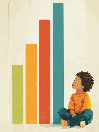 This infographic illustrates emotional growth milestones by grade level, featuring a child seated in contemplation next to vibrant growth bars showing progress.の素材