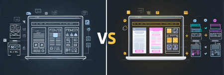 Visual representation highlights the distinctions between wireframes and high-fidelity mockups, showing casing elements and layouts in a flat design style.の素材