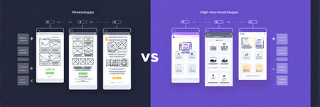 This infographic illustrates the differences between wireframes and high-fidelity mockups, showing design elements and structure in a clear visual format.の素材