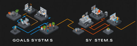 This infographic contrasts goal-oriented and system-focused approaches in workflow design, showing productivity strategies.の素材