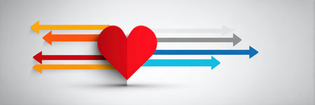 Bold red heart with four arrows pointing outwards, symbolizing love, health, and emotional connections in a clear design.の素材