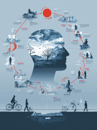 This infographic illustrates the PTSD cycle, showing various emotional and mental stages experienced by individuals affected by trauma.の素材