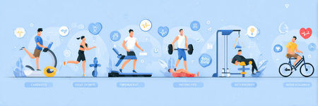 The infographic showcases exercise categories like cardio, strength, and flexibility with icons and short descriptions for each.の素材