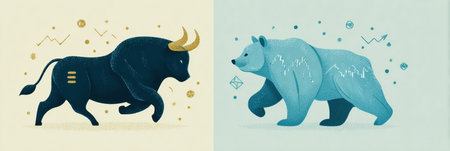 This infographic features bull and bear icons against a pastel background, highlighting essential concepts of the stock market through vibrant visualsの素材