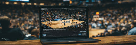 Live stream interface displays a paused March Madness game amid an engaged audience. Upper UI area remains blank, adding focus to the action on screen.の素材