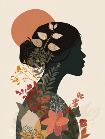 Prominent silhouette surrounded by floral elements and a soft background, conveying healing themes related to racial trauma through affirmations and nature.の素材
