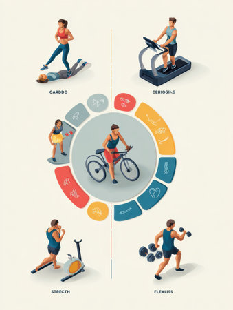 Illustration compares cardio, strength, and flexibility exercises with icons and brief text on their benefits and activities.の素材