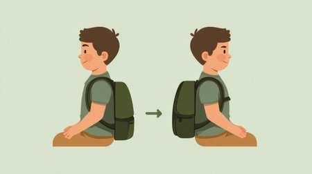 Guidelines illustrate safe backpack usage, emphasizing the importance of correct posture for students while carrying their bags.の素材