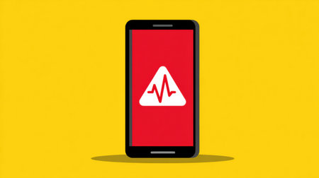 A smartphone displays an alert icon with a heartbeat warning on a bright yellow background, making it easily recognizable during emergencies.の素材