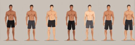 This infographic displays different body fat percentages in men according to their fitness levels, showing a range of physiques and body compositions.の素材