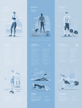 This infographic showcases cardio, strength training, and flexibility exercises with icons and brief descriptions for each.の素材