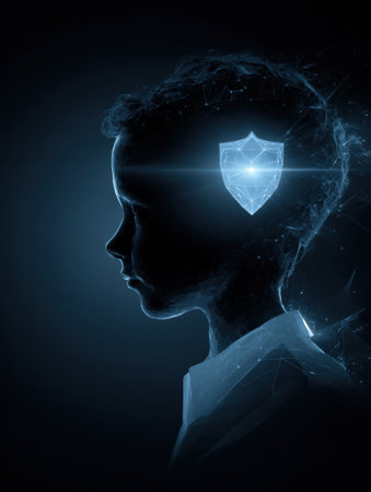 A teen profile icon represents a futuristic concept displaying a cyber shield emerging from a glowing orb, allowing for customizable elements on the right side.の素材