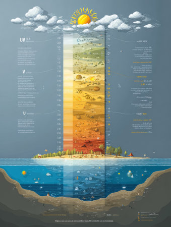 Visual guide detailing the UV index scale, illustrating sun exposure levels alongside health recommendations for various activities during different times.の素材