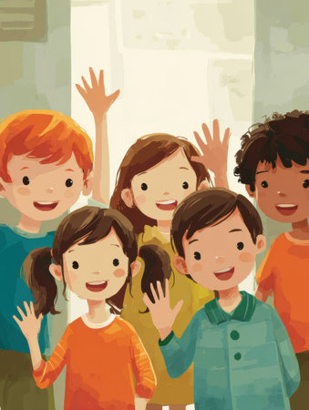 Children happily greet each other while forming new friendships on the first day of school, fostering a welcoming environment for everyone.の素材