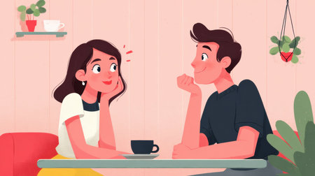 Two individuals enjoy a supportive conversation in a cozy cafe setting, focusing on listening and empathy to strengthen their connection.の素材