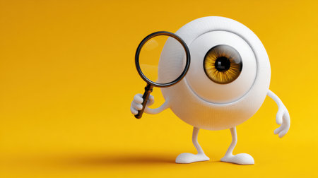 A stylized eyeball character stands upright, holding a magnifying glass, set against a bright yellow backdrop, showcasing curiosity and playfulness.の素材