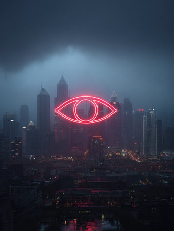 A vibrant neon eye sign glows against a glowy city skyline at dusk, creating an intriguing focal point with an empty upper area for text.の素材