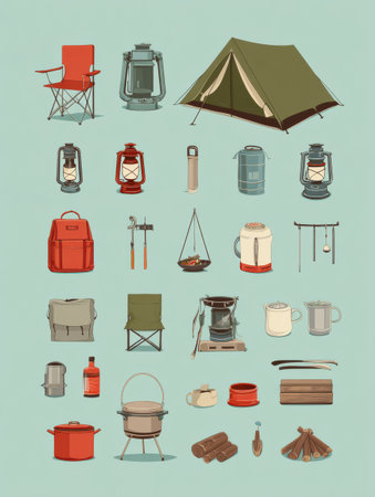 Explore essential camping gear for family backyard adventures, including tents, lanterns, cooking tools, and comfortable seating options for a perfect setup.の素材