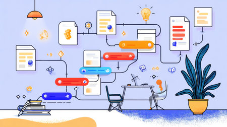 Detailed infographic outlines the steps to becoming a UX designer, showcasing a visual learning path with icons representing essential skills and milestones.の素材
