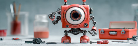 A tiny robot, colored red, uses tools from its toolbox to fix a large cartoon eye, set in a playful workshop environment with various tools around.の素材