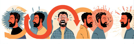 Explore the complex PTSD cycle depicted through various emotional and mental stages, highlighting the progression and impact on individuals.の素材