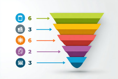 Infographic shows the customer journey funnel with six steps illustrated by arrows and icons on a clean white background, highlighting strategy.の素材