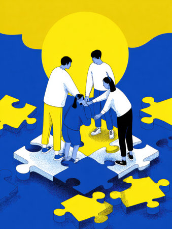 Individuals are working together energetically, assembling puzzle pieces under a bright sun, symbolizing collaboration and creativity among small brands.の素材