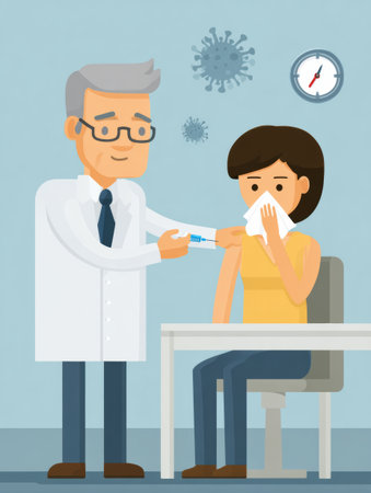 Infographic outlines essential facts about the annual flu shot and suggested times for receiving the vaccine to promote health and wellness.の素材