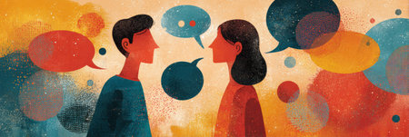 Two individuals engage in conversation, sharing ideas within a colorful, abstract background that symbolizes creativity and collaboration among small brands.の素材