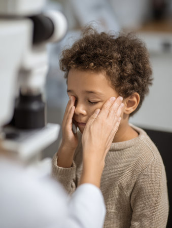 Young child experiences a heartfelt moment at the optometrist for their first eye exam, showing the importance of vision care and early evaluations.の素材
