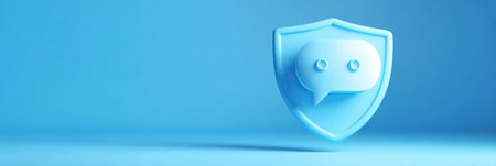 A shield symbolizing security surrounds a chat bubble, representing protection for online conversations against threats. The blue backdrop enhances clarity.の素材