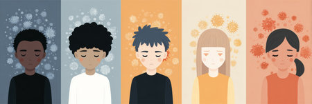 Stylized infographic presents a comparison of depression prevalence and treatment by ethnicity, featuring diverse characters similar in expression and mood.の素材