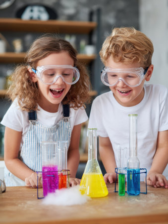 Young children in safety goggles are excitedly conducting fun science experiments using colorful liquids in glass beakers at home.の素材