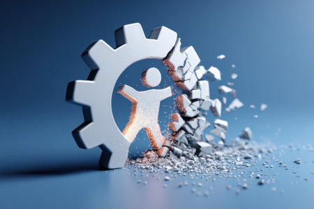 A user icon shatters and breaks apart within a gear, representing a system crash that signifies technological disruption and error in a digital environment.の素材