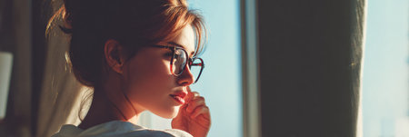A woman tenderly holds her eyeglasses while standing by a bright window, basking in the soft daylight that fills the room, creating a calm atmosphere.の素材