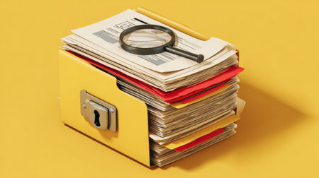 Stacked files of important documents are organized in a secure box with a lock and a magnifying glass highlighting the significance of document safety.の素材
