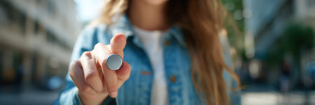 A teenager approaches a real-life assistance button while standing in a busy city street, sunlight illuminating the surroundings and highlighting their intent.の素材